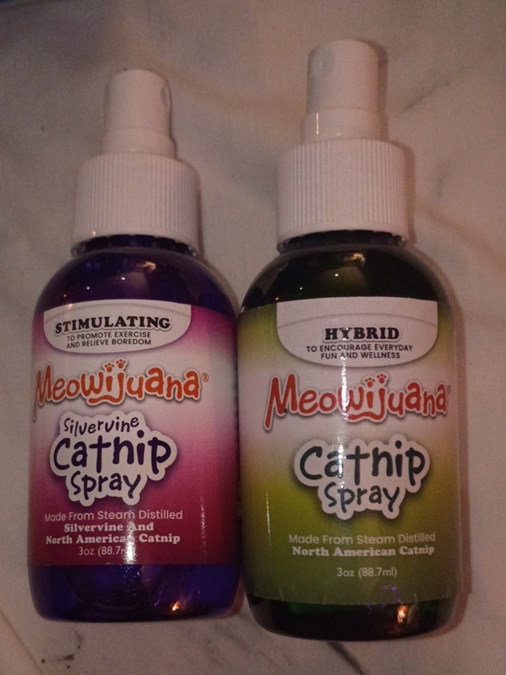 Meowijuana Catnip Spray Duo — Purple & Green Bottles